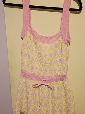 The Free People Pink Yellow White Diamond Knit Bow Romper M